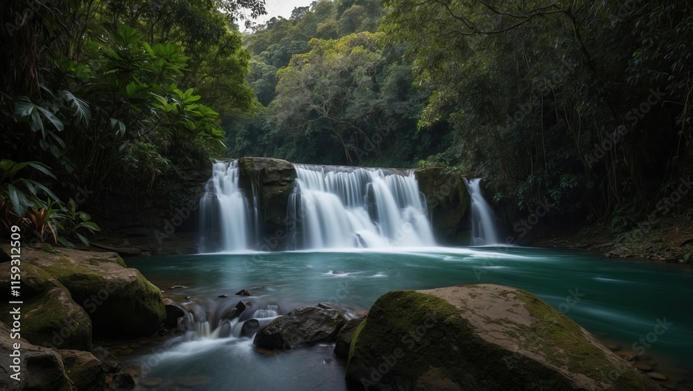Obraz premium Stunning waterfall cascading into tranquil pool, surrounded by lush greenery and rocky landscape, creating a serene atmosphere for relaxation and exploration