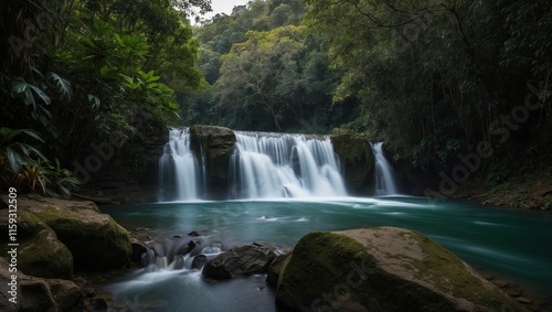 Stunning waterfall cascading into tranquil pool, surrounded by lush greenery and rocky landscape, creating a serene atmosphere for relaxation and exploration