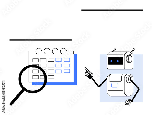 Calendar with magnifying glass over date, robot pointing at calendar. Ideal for themes thumbs up planning, automation, technology, organization, calendar management, scheduling, efficiency. Line