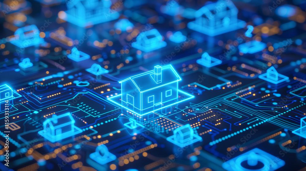 A futuristic smart home concept featuring a glowing neon house icon connected to a digital circuit board A futuristic smart home concept featuring a glowing neon house icon connected to a digital circuit board