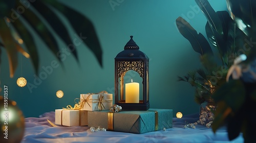 Festive Gifts Lantern And Candle Festive Scene photo