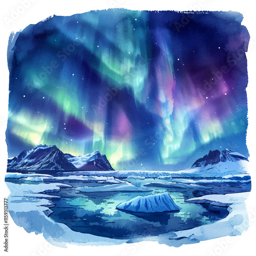 northern lights over a glacier vector illustration in watercolor style