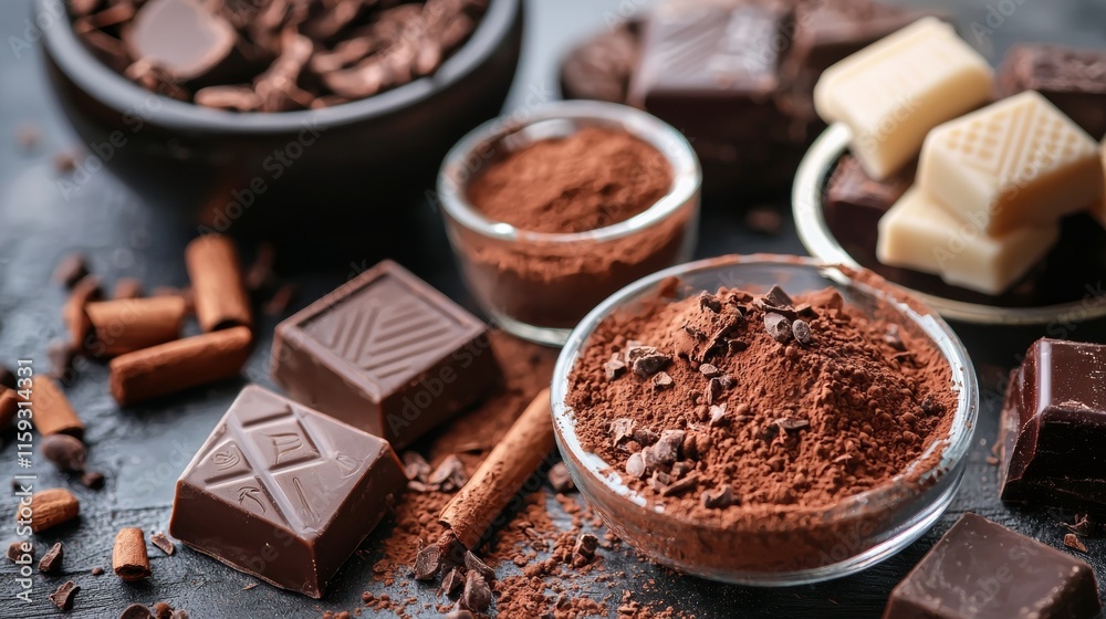 Rustic display of cocoa powder, chocolate, and spices Rustic display of cocoa powder, chocolate, and spices