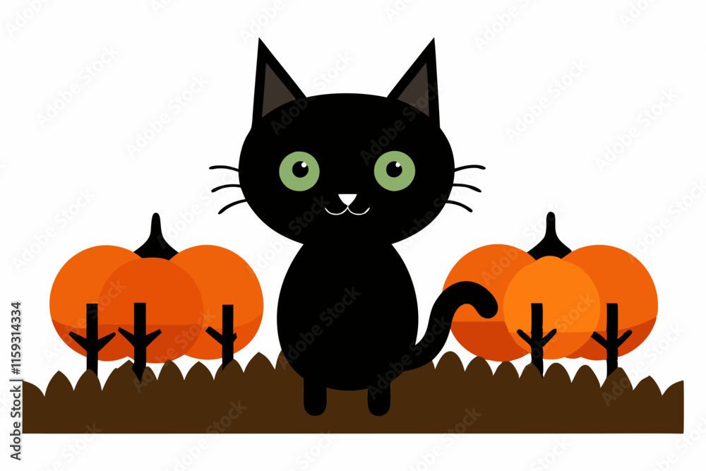Black Cat Background with Pumpkins on White Background Black Cat Background with Pumpkins on White Background