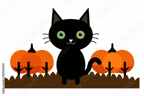 Black Cat Background with Pumpkins on White Background