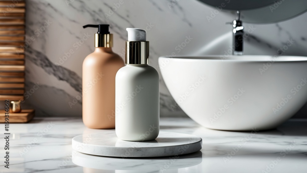 Modern bathroom scene featuring elegant skincare bottles on marble surface, conveying luxury and wellness in minimalist design Modern bathroom scene featuring elegant skincare bottles on marble surface, conveying luxury and wellness in minimalist design