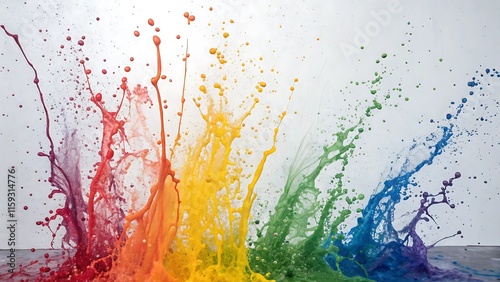  Abstract Paint Splatter Background, A chaotic paint splatter design in vibrant rainbow colors on a white background