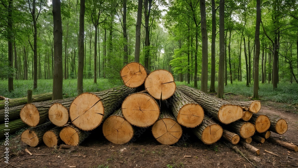 Logs stacked in a serene forest, surrounded by lush greenery and towering trees, exemplifying natural beauty and sustainable forestry practices Logs stacked in a serene forest, surrounded by lush greenery and towering trees, exemplifying natural beauty and sustainable forestry practices
