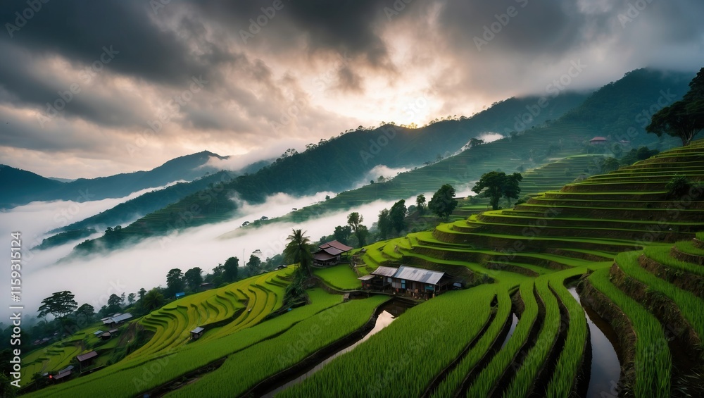 Fototapeta premium Stunning rice terraces in tranquil rural landscape at sunrise, featuring lush green fields, misty mountains, and a serene atmosphere