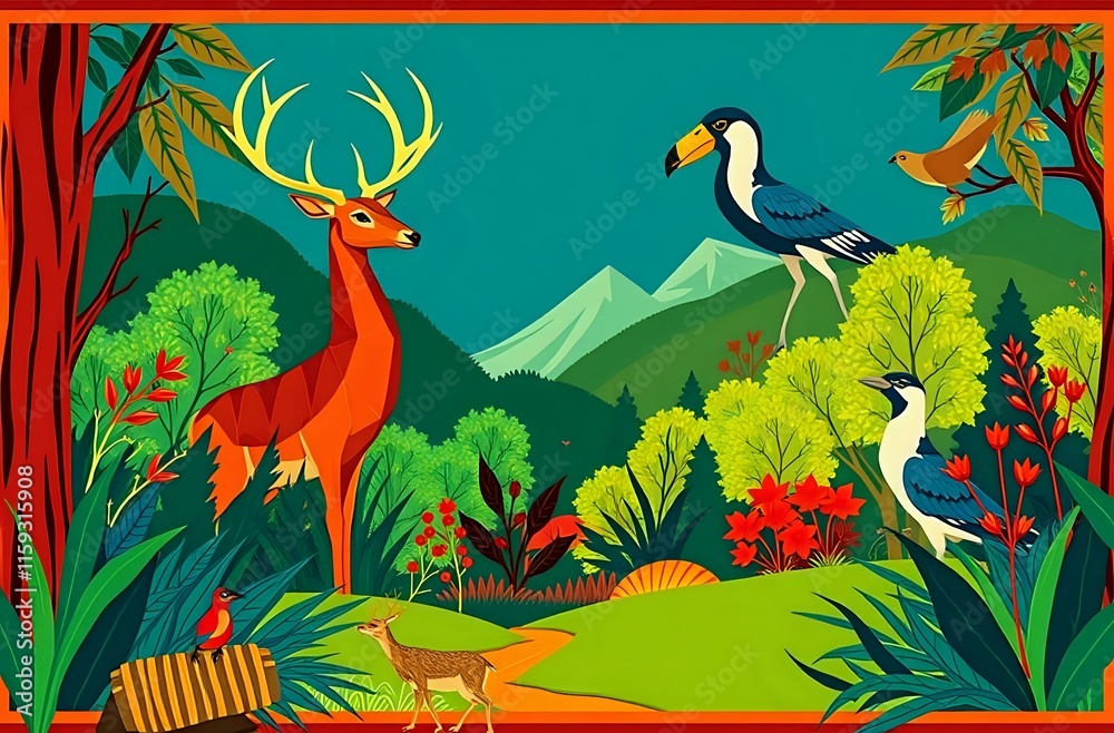Naklejka premium Art Deco Forest Scene with Deer, Birds, and Dog
