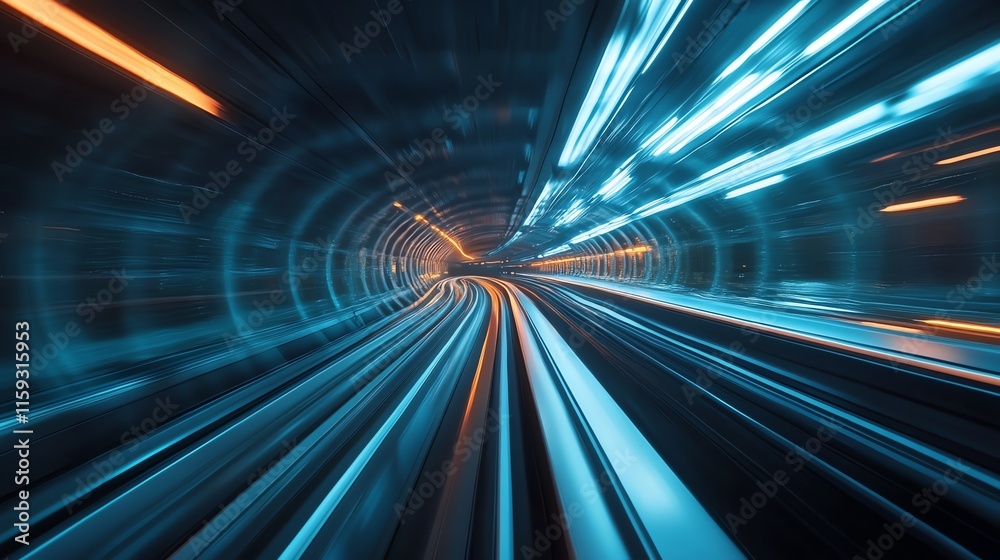 Fototapeta premium High-Speed Train in Futuristic Tunnel, Blue and Orange Lights