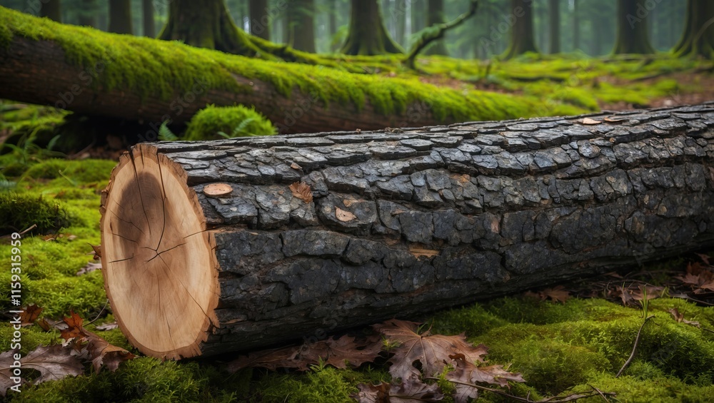 Log resting in lush green forest, surrounded by moss and trees, representing tranquility and natural beauty  Ideal for nature related themes