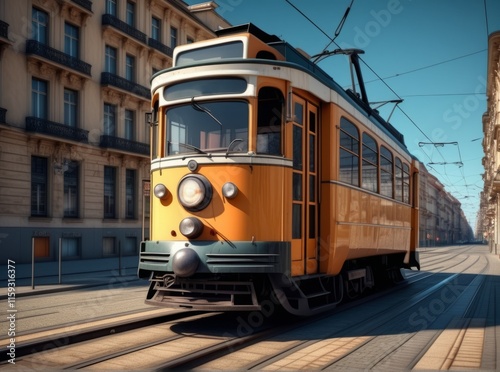 Historic orange tram traveling along city streets on a clear day in a busy urban area