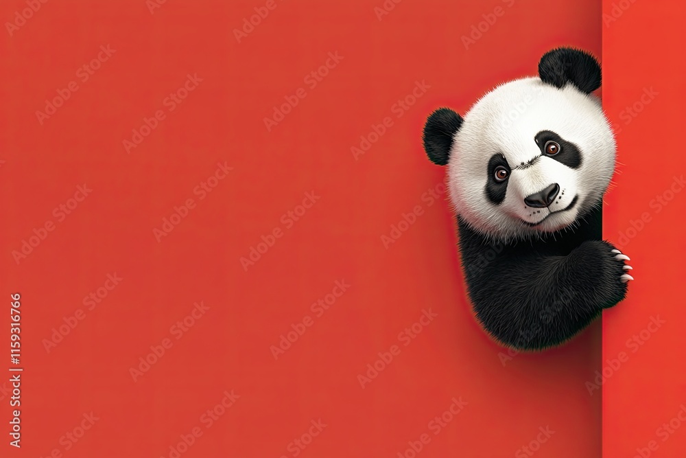 A panda cautiously peeks out from around the corner on a red background. Copy space. generative AI. A panda cautiously peeks out from around the corner on a red background. Copy space. generative AI.