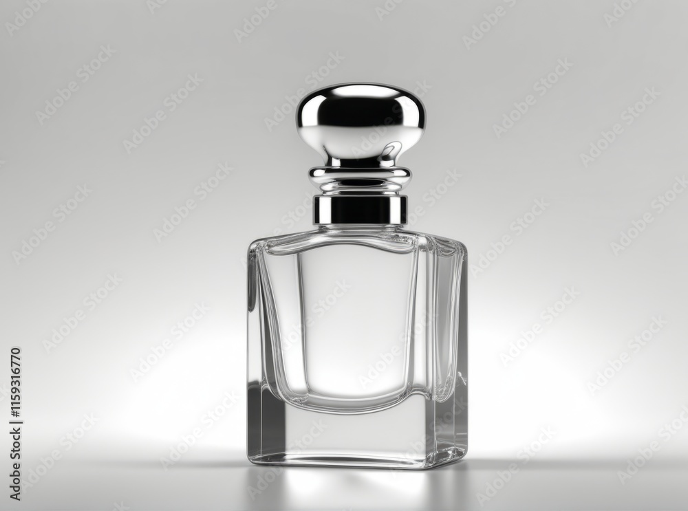 Unique glass perfume bottle design with a polished silver cap presented against a simple gray background Unique glass perfume bottle design with a polished silver cap presented against a simple gray background