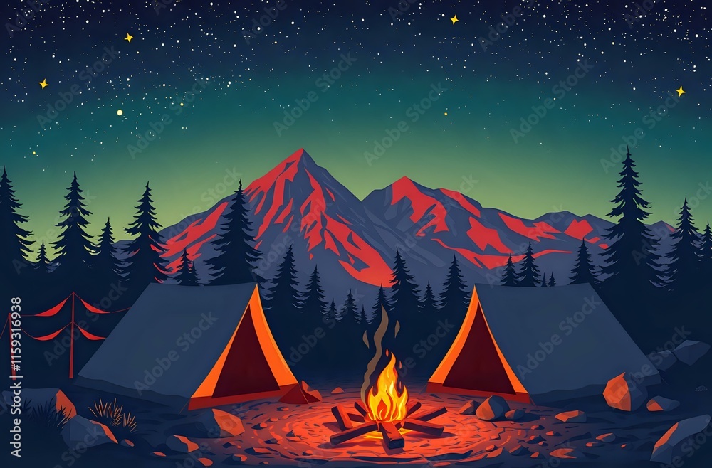 Serene Nighttime Camping Scene with Red Tents Under Stars Serene Nighttime Camping Scene with Red Tents Under Stars
