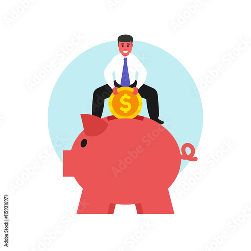 businessman putting a coin into a piggy bank