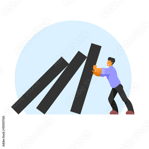 businessman stopping domino effect