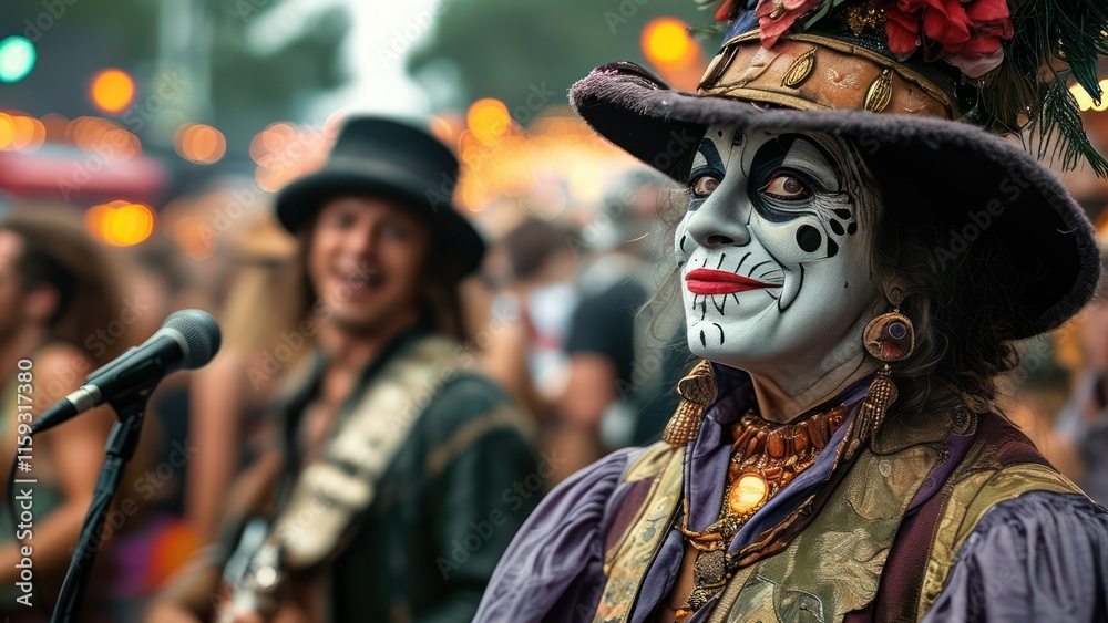 Vibrant festival scene featuring a performer with face paint, embodying creativity and celebration in a lively atmosphere filled with music Vibrant festival scene featuring a performer with face paint, embodying creativity and celebration in a lively atmosphere filled with music
