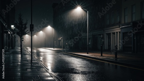 Dark, quiet street illuminated by streetlights, rain creating reflective surfaces, setting evokes solitude and mystery in a city environment
