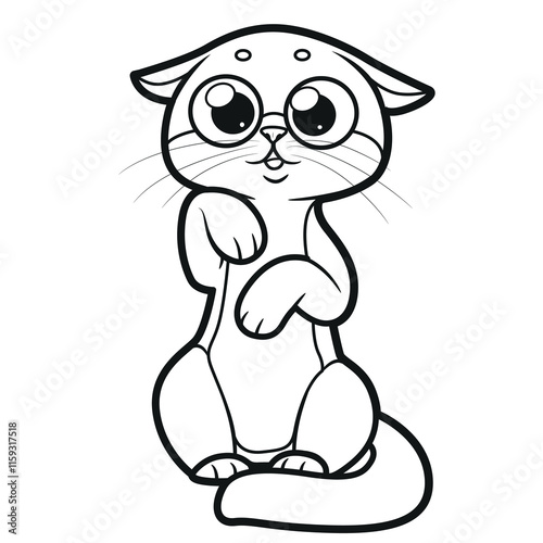 Cute cartoon kitten looks at the interlocutor line drawing outlined for coloring page on white background