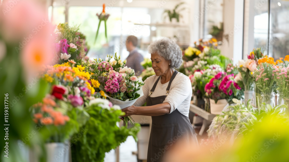 African american mature florist woman creates bouquet of flowers in flower store African american mature florist woman creates bouquet of flowers in flower store