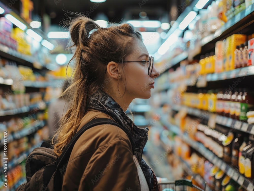 A woman in glasses browses produce in a supermarket. A woman in glasses browses produce in a supermarket.