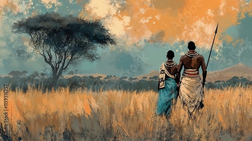 Zulu wedding couple standing together in a grassy field with a vibrant sky copy space