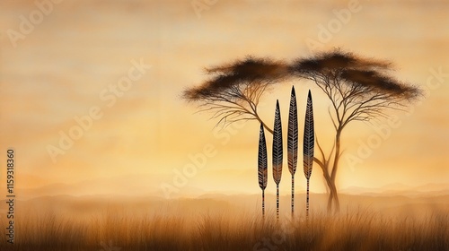 Zulu wedding spears against a sunset landscape with trees and grass copy space