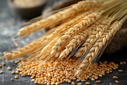 Close-up of golden wheat ears and kernels, showcasing the beauty of the harvest and the essence of food production. photo