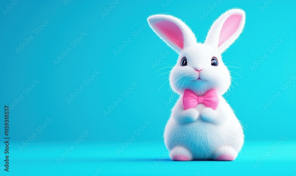 Obraz premium Cute 3D bunny in a pink bow tie against a bright blue background for a cheerful Easter theme