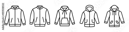 Minimalist Fashion Icon Set - A collection of line art icons featuring various clothing items, including skirts, tops, jackets, underwear, and pants in simple design.
