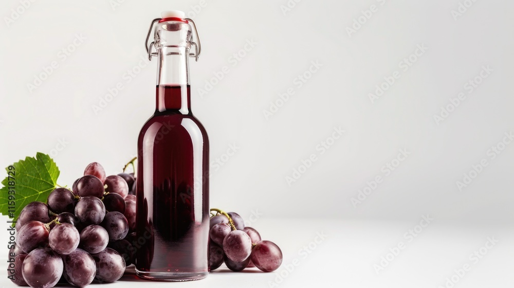 Obraz premium Bottle of red wine next to cluster of grapes on white background. Aged appearance suggesting maturity.