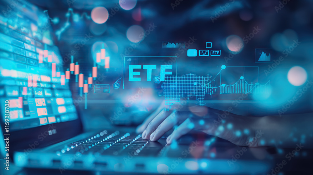Hands Typing on Laptop with Futuristic Financial Interface and ETF Concept Hands Typing on Laptop with Futuristic Financial Interface and ETF Concept