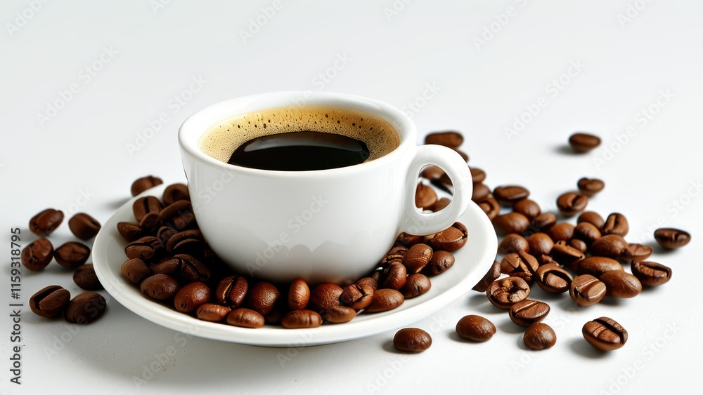 Cup of coffee surrounded by roasted beans, creating inviting atmosphere perfect for relaxation or a morning routine Cup of coffee surrounded by roasted beans, creating inviting atmosphere perfect for relaxation or a morning routine