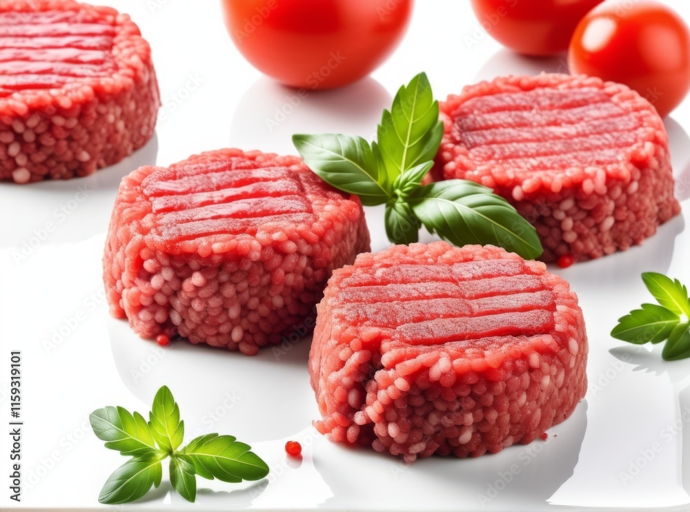 Freshly prepared ground meat patties with ripe tomatoes and herbs on a clean surface Freshly prepared ground meat patties with ripe tomatoes and herbs on a clean surface