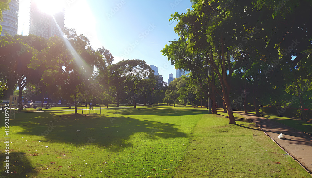 Obraz premium Beautiful green city park with blue sky. Pathway and beautiful trees track for running or walking and cycling relax in the park on green grass field on the side. Sunlight and flare background concept