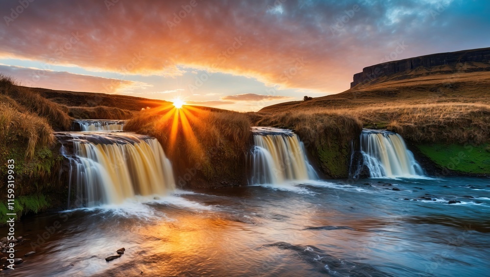 Fototapeta premium Stunning sunset over cascading waterfalls, highlighting the beauty of nature with vibrant colors and serene atmosphere Perfect for travel and landscape photography
