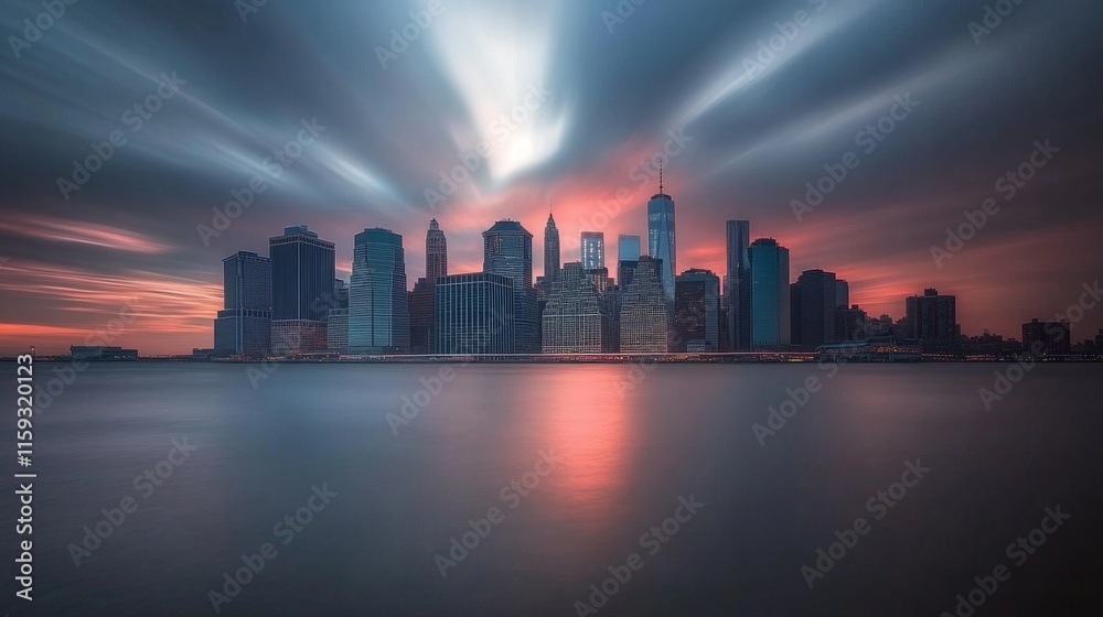 Obraz premium Urban Sunset with Dramatic Skies Over Landmarks