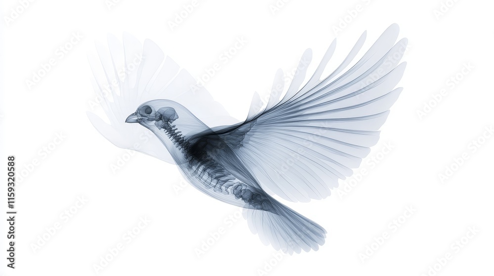 Obraz premium Ethereal X-ray Image of a Bird in Flight Revealing Intricate Bone Structure and Delicate Wing Movement for Science and Art Exploration