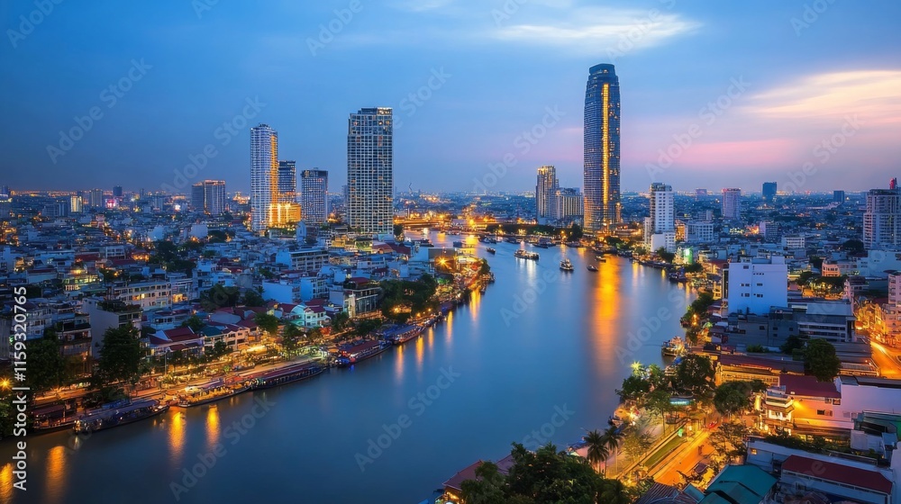 Fototapeta premium Vibrant Cityscape at Dusk with Lights and Reflections