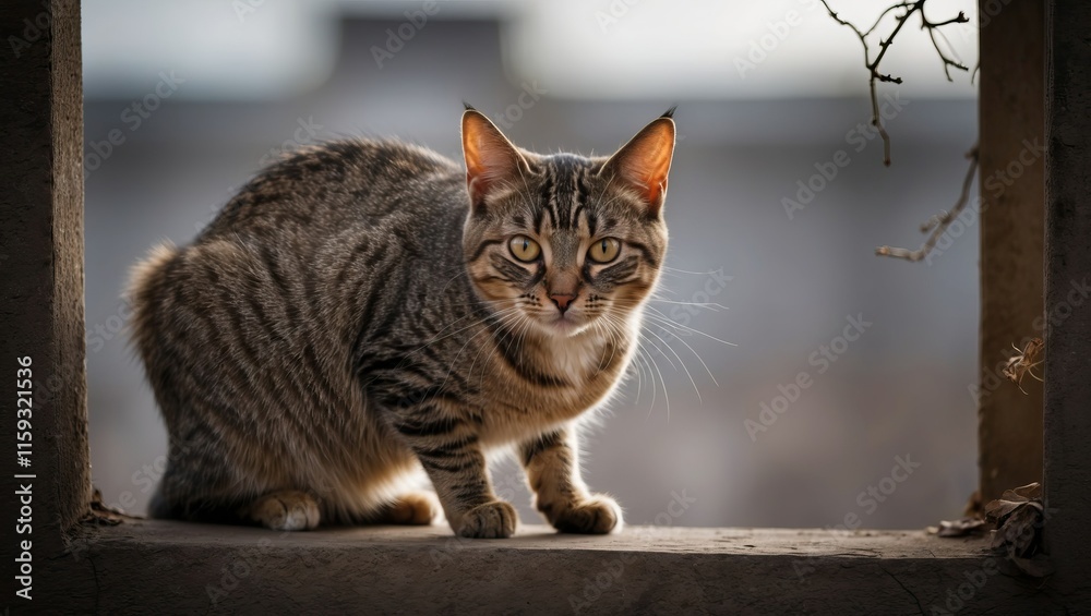 Curious domestic cat sitting on a ledge by a window, showcasing a playful demeanor and inviting ambiance, perfect for pet related themes Curious domestic cat sitting on a ledge by a window, showcasing a playful demeanor and inviting ambiance, perfect for pet related themes