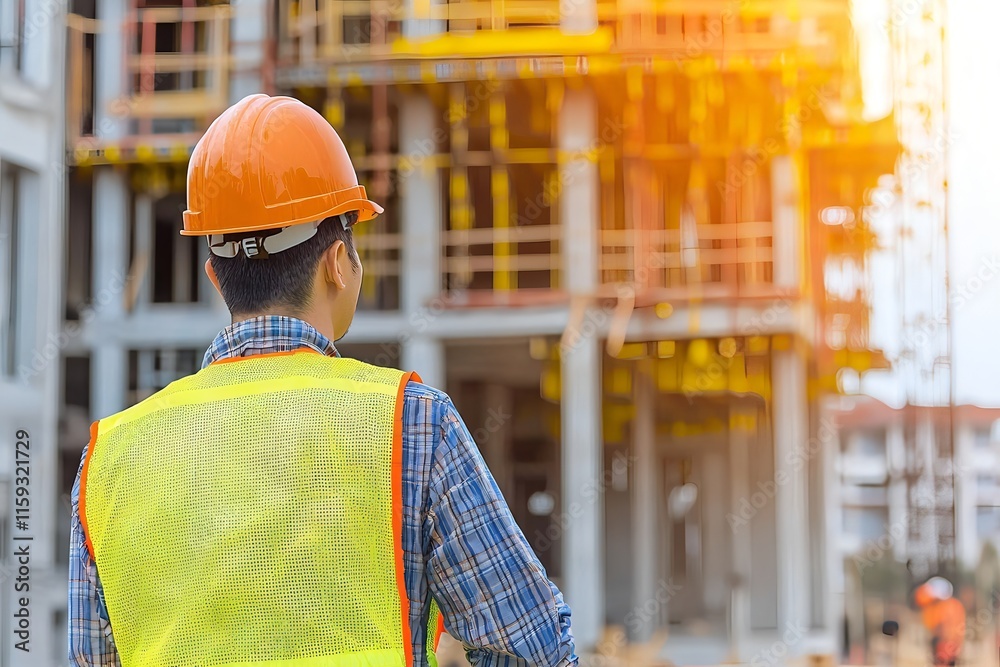 Construction Worker in Safety Gear at Building Site for Advertising Banner Mockup Construction Worker in Safety Gear at Building Site for Advertising Banner Mockup