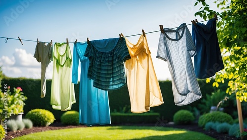 Colorful garments hang on clothesline in bright garden, embodying fresh laundry vibes and outdoor lifestyle  Ideal for home and leisure themes