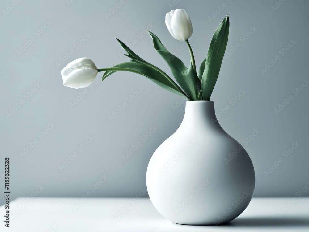 Fresh white tulips with green leaves stand elegantly in a contemporary vase, showcasing floral artistry against a soft backdrop in a florist setting. Generative AI