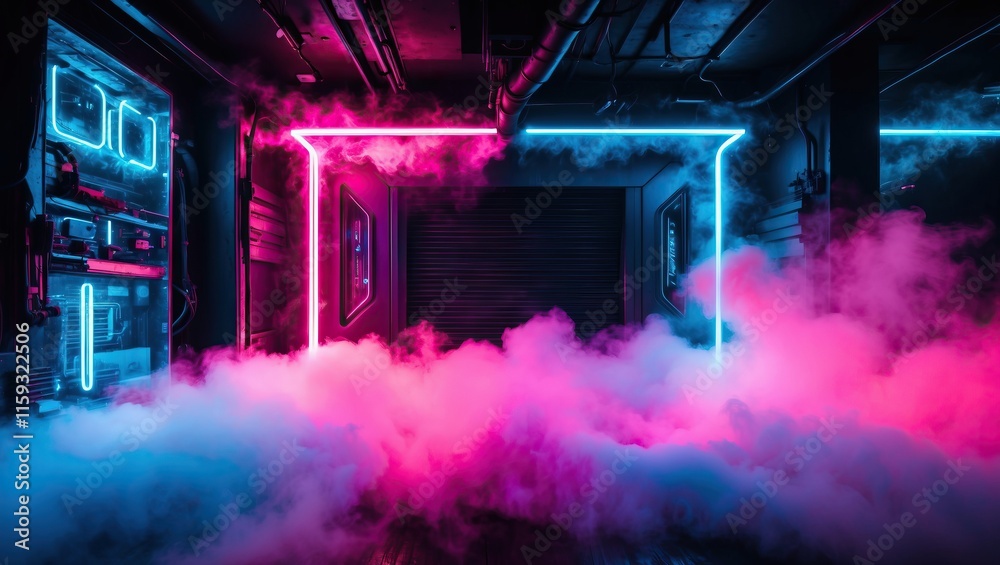 Obraz premium Futuristic indoor space featuring vibrant neon lights and fog, creating an immersive and atmospheric environment ideal for modern events