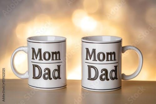 pair of matching coffee mugs with mom and dad text placed on smooth wooden table with blurred warm light background photo