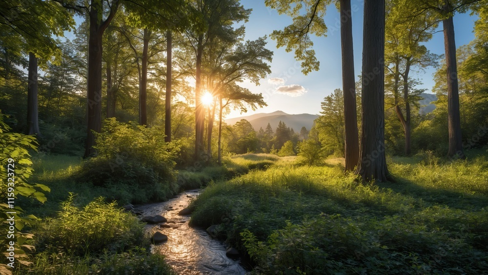 Obraz premium Majestic forest scene at sunrise, featuring lush trees and a serene stream flowing through vibrant greenery