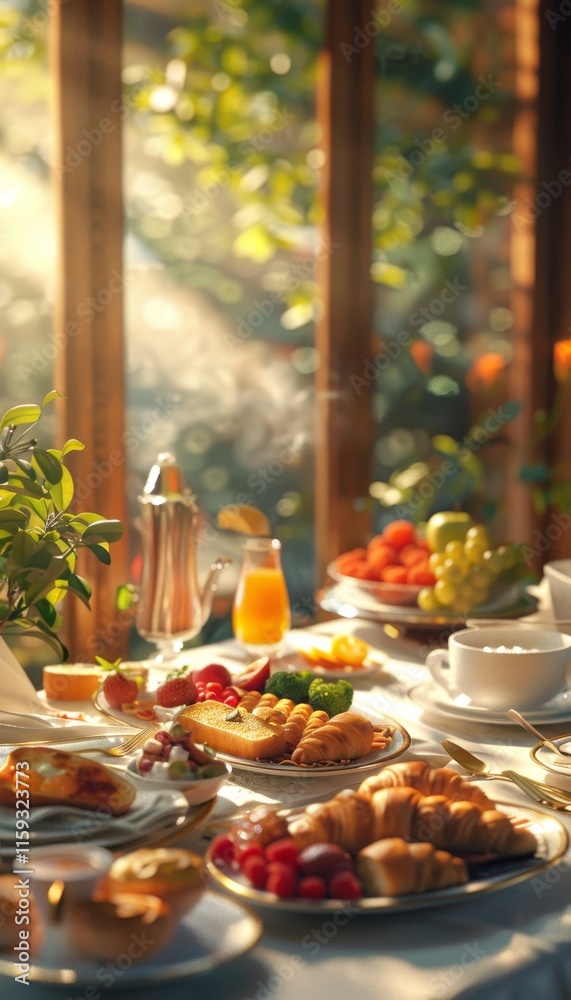 Elegant hotel breakfast buffet with croissants, eggs, bacon, fruits, and warm morning sunlight Elegant hotel breakfast buffet with croissants, eggs, bacon, fruits, and warm morning sunlight