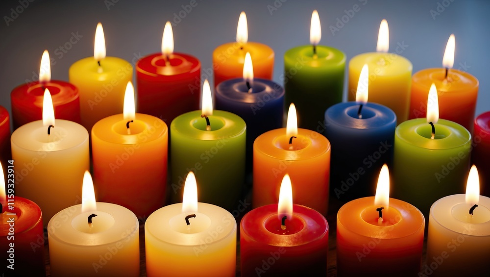 Colorful candles with flames create a warm, inviting atmosphere perfect for relaxation and meditation, enhancing home decor and celebratory events Colorful candles with flames create a warm, inviting atmosphere perfect for relaxation and meditation, enhancing home decor and celebratory events